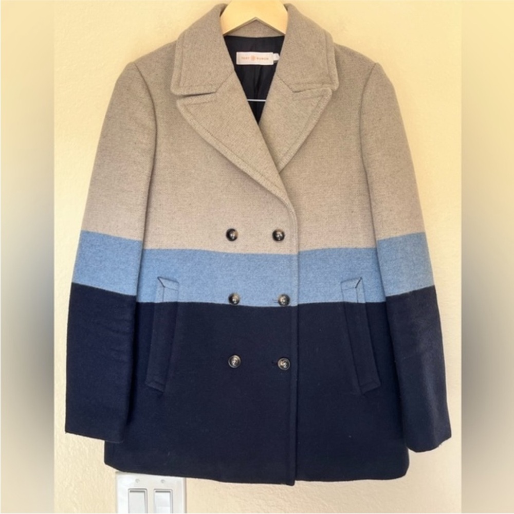 Tory Burch Coat - Blue & Tan Striped Double Breasted Pea Coat Style - Size 4